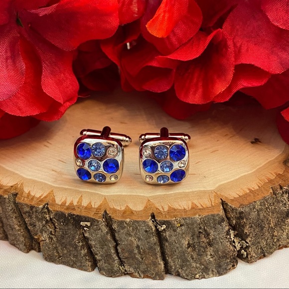 Blue Crystal Square Silver Cufflinks - Picture 6 of 13